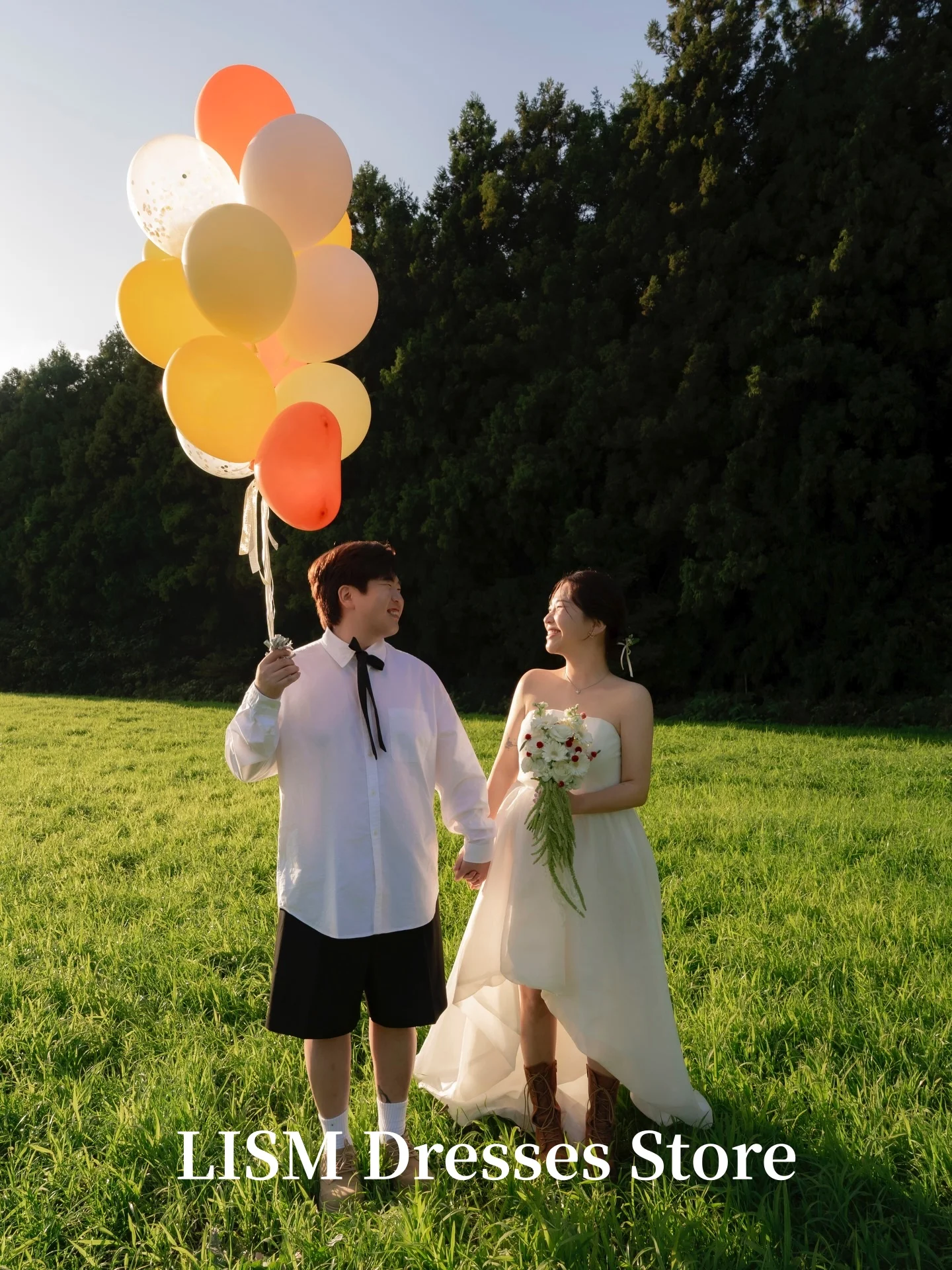 LISM Strapless A-Line Korea Wedding Dresses Sweet Photo Shoot Silk Organza Hi-Lo Elegant Bridal Gowns Customized 웨딩드레스