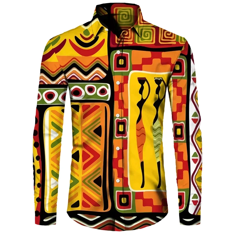 New Men\'s Lapel Buttons Shirt Fashion 3D Printed Pattern Long Sleeve Shirts African Traditional Casual Ethnic Style Blouse Tops