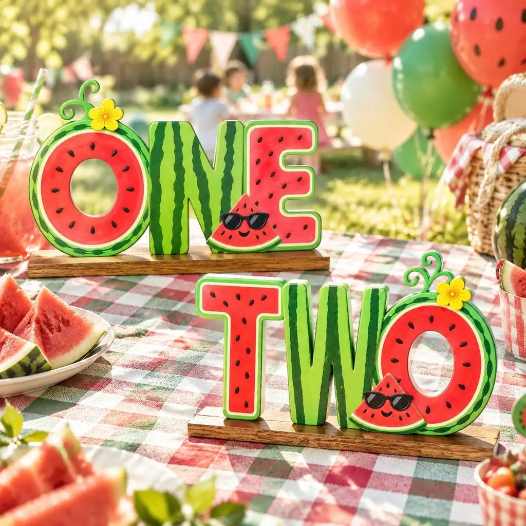 Watermelon Theme Wooden Sign Table Centerpieces ,One Year Old Birthday Supplies Favors Baby Shower Party Photo Booth Props