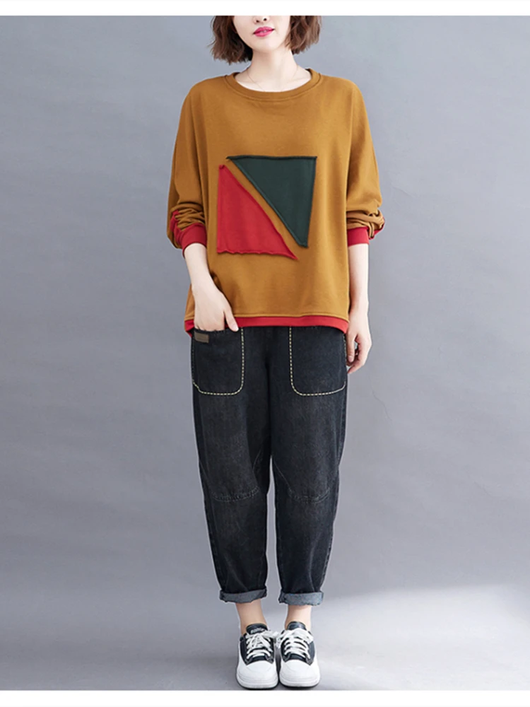 Oversized 2023 Autumn Patchwork Long Sleeves T Shirt Loose Casual Women Korea Ladies Womens Cotton T-shirt New Woman Red Tshirt