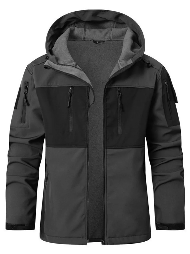 Men's Tactical down Jacket Autumn Winter Shark Skin Soft Shell Fleece Windproof Zipper Hooded Outdoor Warm Casual Coat
