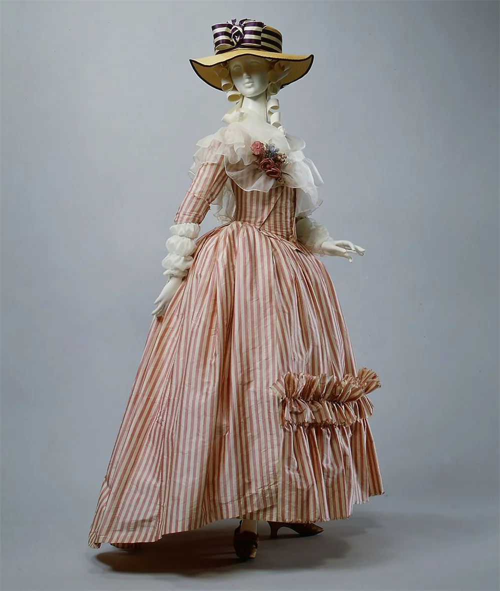 Pink Stripes 1790s French Costume 18th Century Robe A La Francaise Rococo Marie Antoinette Redingote Duchess Dress Ball Gown