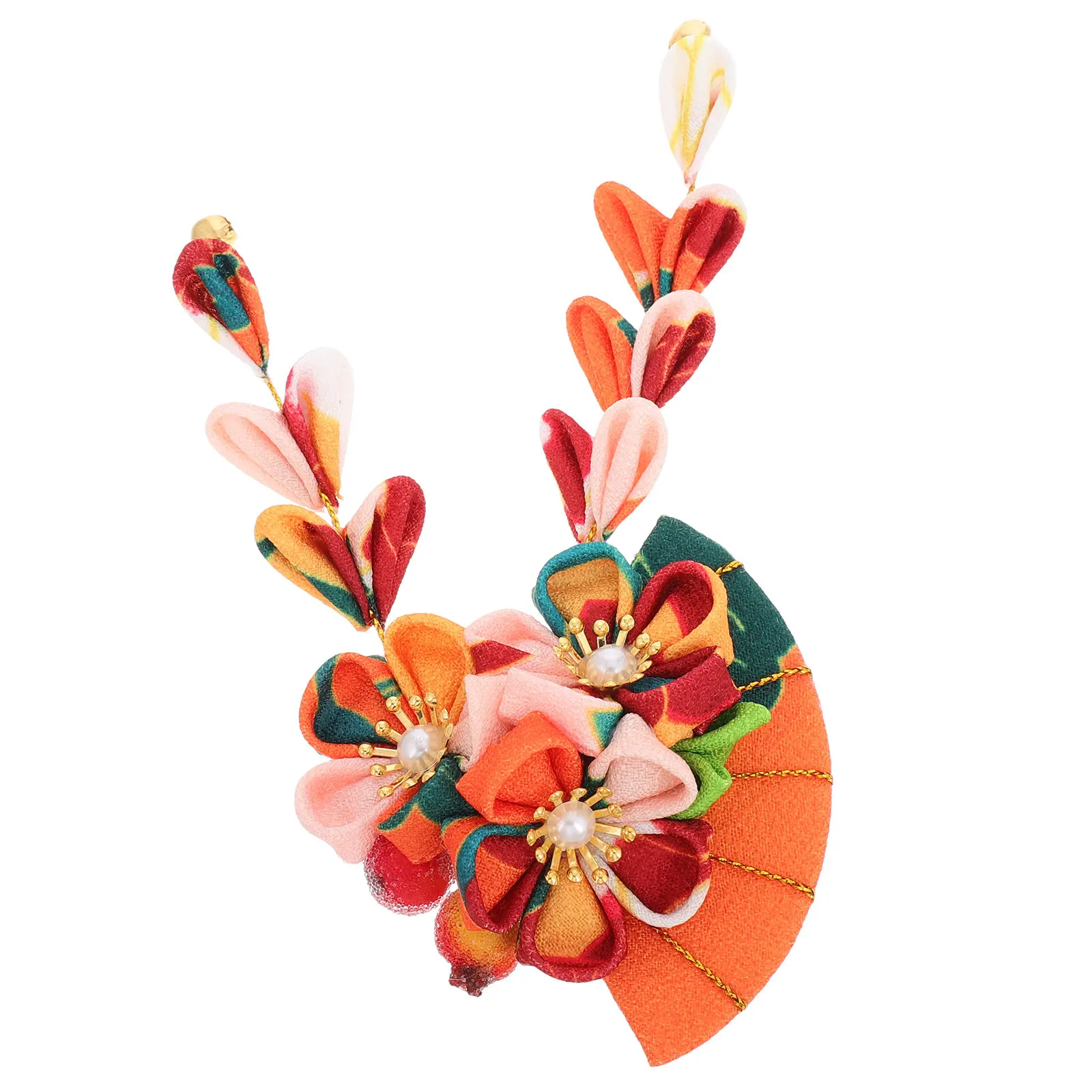 Japanese Kimono Hair Accessory Handmade Fan Clip with Delicate Fabric Flowers Tassels Elegant Hairpin for Hanfu Traditional
