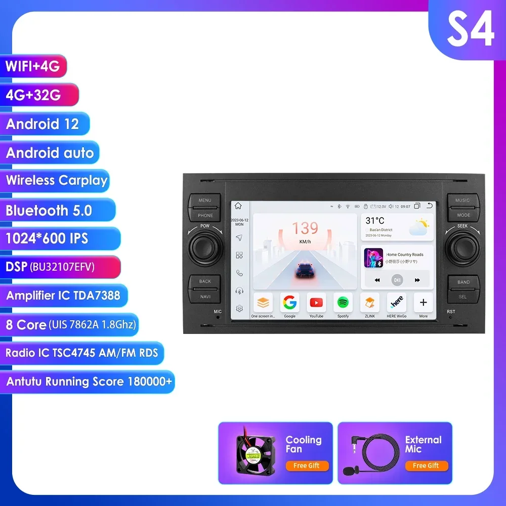 8G + 128G 2din Android 14 Autoradio GPS voor Ford Mondeo S-max Focus C-MAX Galaxy Fiesta Transit Fusion Connect Kuga Multimedia Nav