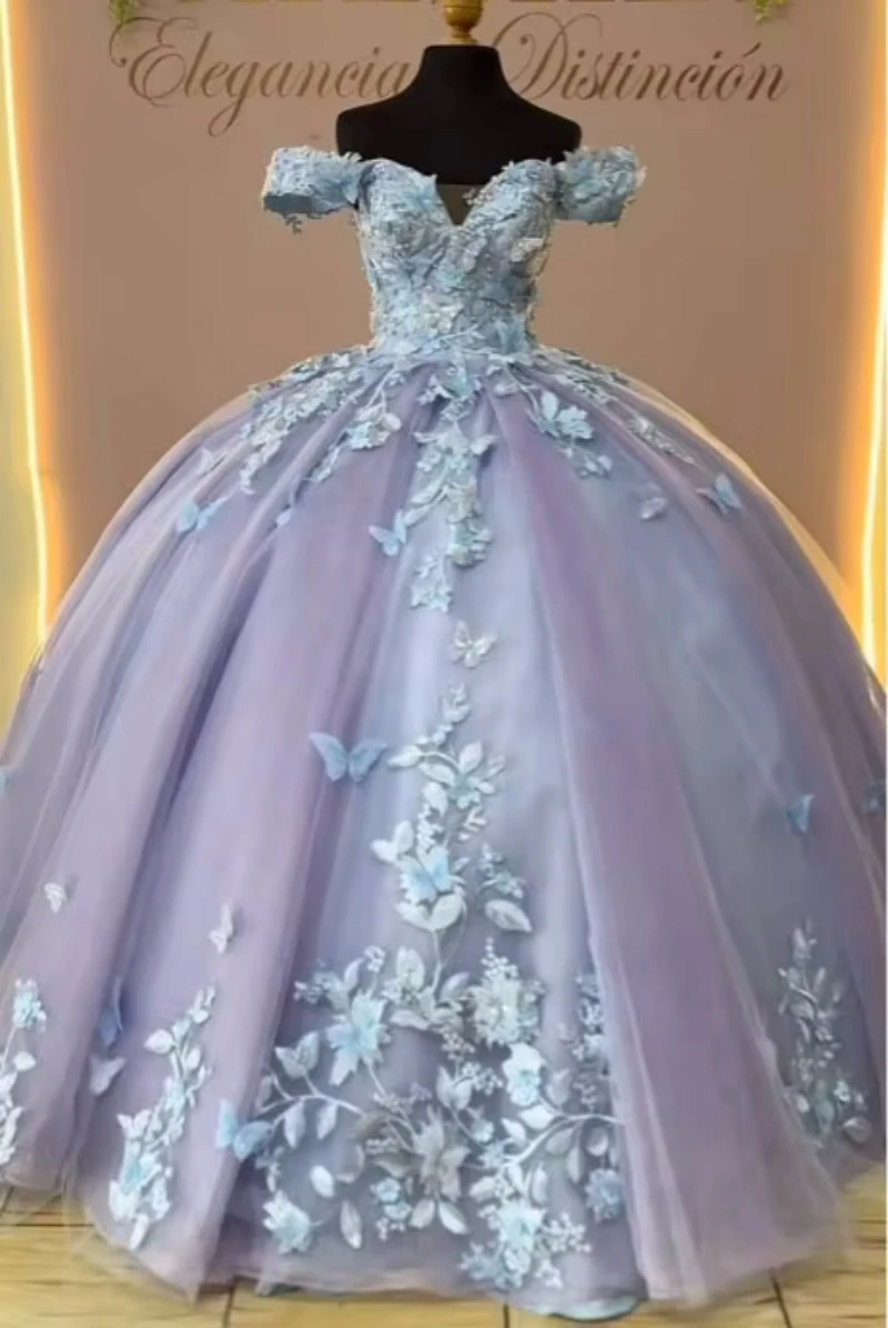 ที่กําหนดเอง 3D ดอกไม้ผีเสื้อสีฟ้า Quinceanera PLUS ขนาด Applique หวาน 16 ชุดเม็กซิกันพรหมชุด Vestidos De XV Anos