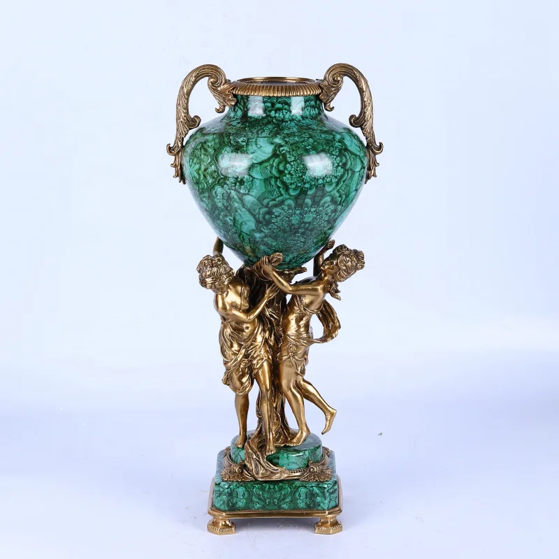 &c Malachite Green Decorative Vase Brass Goddess Art Ornament European Porcelain Floor Flower Vase for Luxury Home Decoration