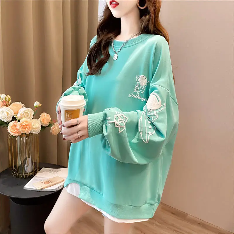 Fashion O-Neck Printed Spliced Fake Two Pieces Sweatshirts Female Clothing 2024 Spring New Loose Korean Tops Casual Sweatshirts