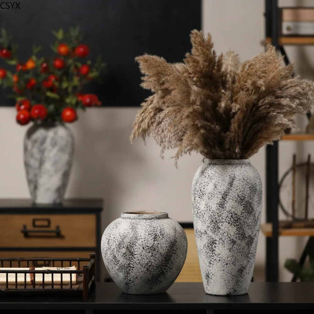 Wabi Sabi Wind Ceramic Vase Retro Nostalgic Coarse Pottery Jar New Chinese Flower Arrangement Ornament Living Room Decoration