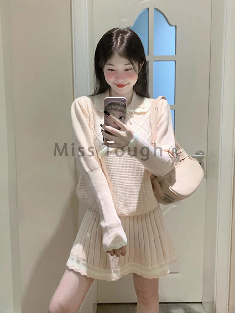 Preppy Style Elegant Knit 2 Piece Suit Woemn Autumn Winter Sweet Doll Collar Pink Skirt Suit Kawaii Sweater + Pleated Skirt Sets