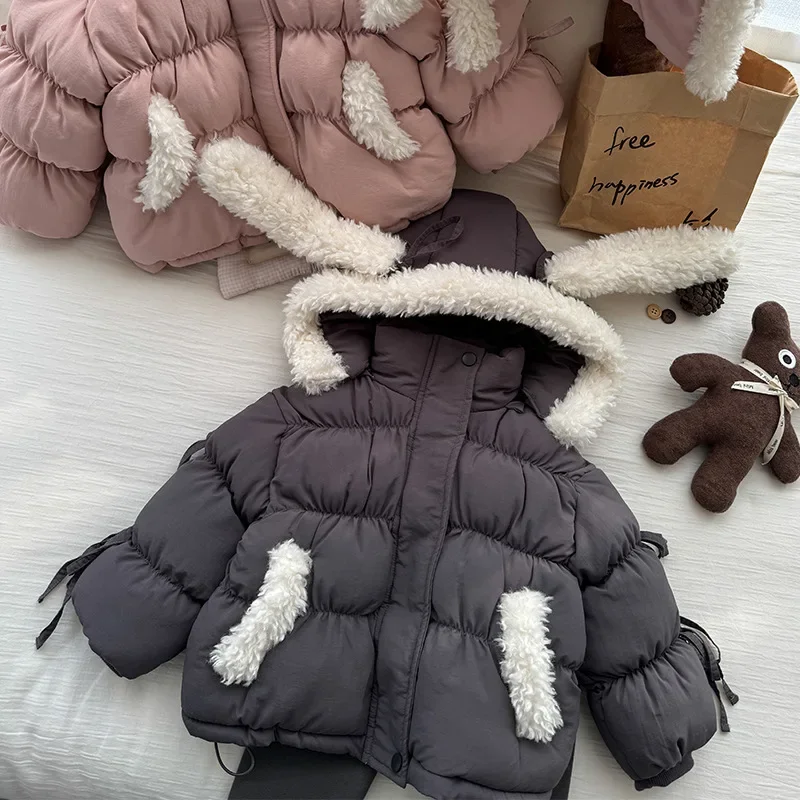 Meisjes Jas 2024 Herfst Nieuwe Kinderkleding Koreaanse Stijl Meisje Baby Leuke Buitenlandse Lucht Pure Kleur Konijnenoren Hoed Gewatteerde Jas