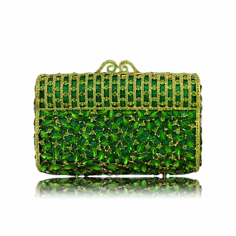 Fashionable Green Flower Rhinestone Metal Women\'s Vintage Bag Designer Clutch Party HandBag Wedding Purse