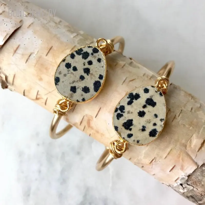 10pcs Dalmatian Jasper Bar Stone Bangle Bracelet Raw Adjustable Gold Color Cuff Minimalist Boho Women Stainless Steel Jewelry