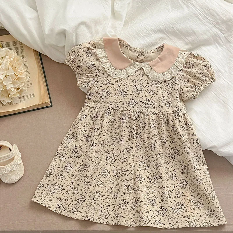2025 New Summer Sister Clothing European American Style Baby Girl Party Dress Short Sleeved Cotton Print Kids Princess Dresses