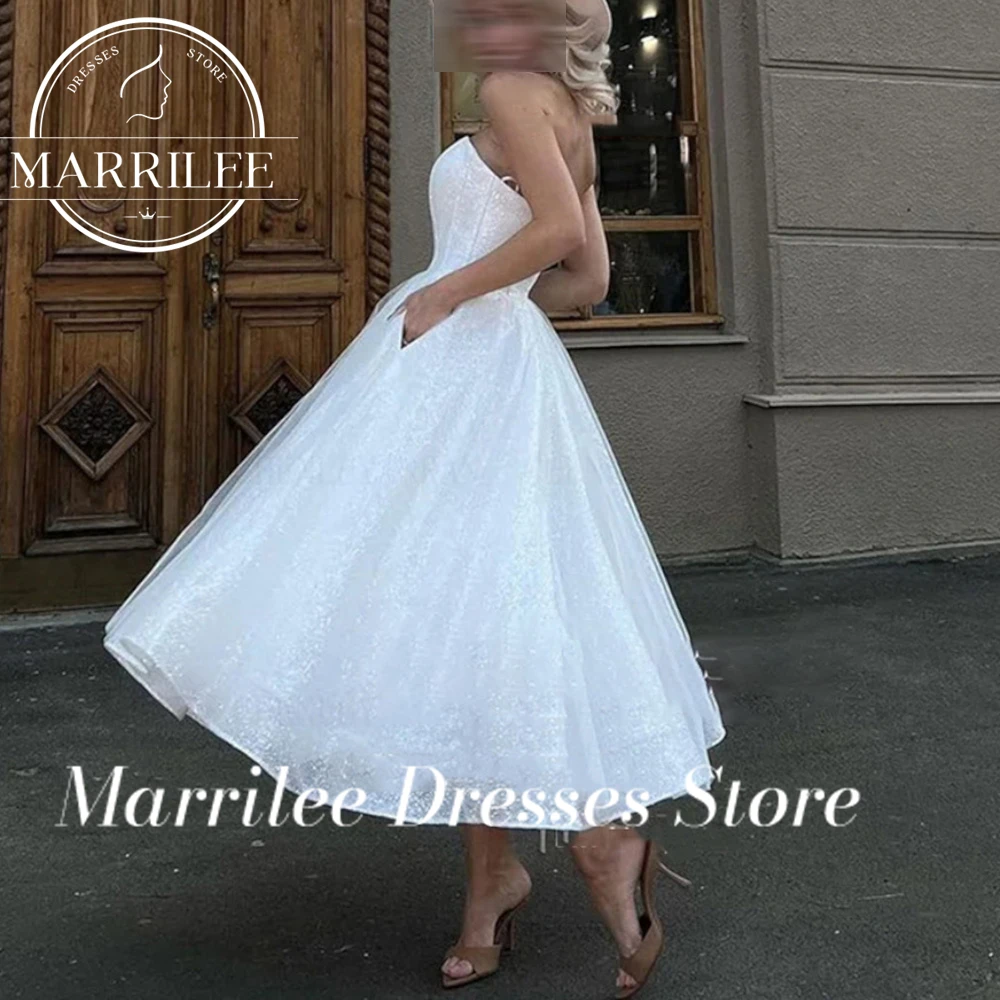 Marrilee Customized Sexy Sweetheart Strapless A-Line Sparkling Evening Dresses Side Slit Sleeveless Tea Length Back Prom Gown