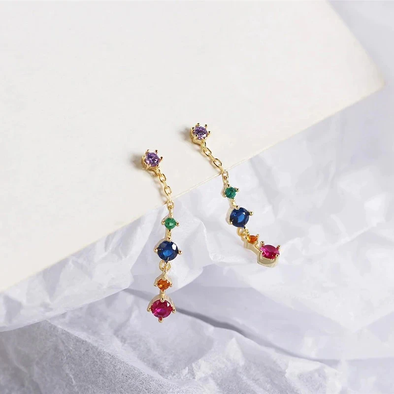 925 Sterling Silver Ear Needle Exquisite Long Chain Tassel Stud Earrings For Women Colorful Crystal Chain Earring Luxury Jewelry