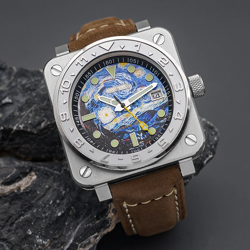 The Starry Night Dial Stainless Steel New Square Watch NH35 Movements Leather Band 200M Diver Automatic Mechanical Watches