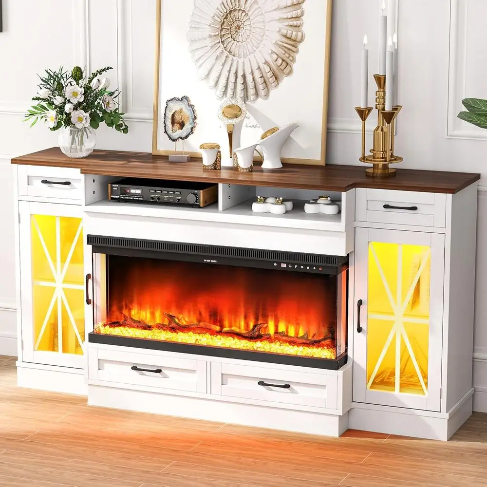 

Белая подставка для телевизора 75-80 с 3-сторонним стеклянным электрическим камином, светодиодной лентой, стеклянной дверью и розеткой для развлечений в гостиной