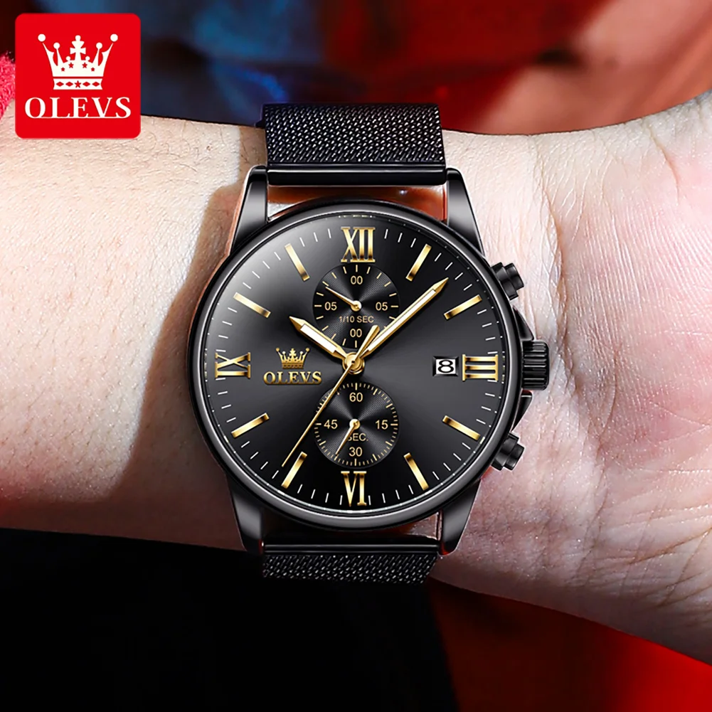 OLEVS New Mens Watches Top Brand Luxury Stainless Steel Waterproof Luminous Chronograph Quartz Watch for Men Relogio Masculino
