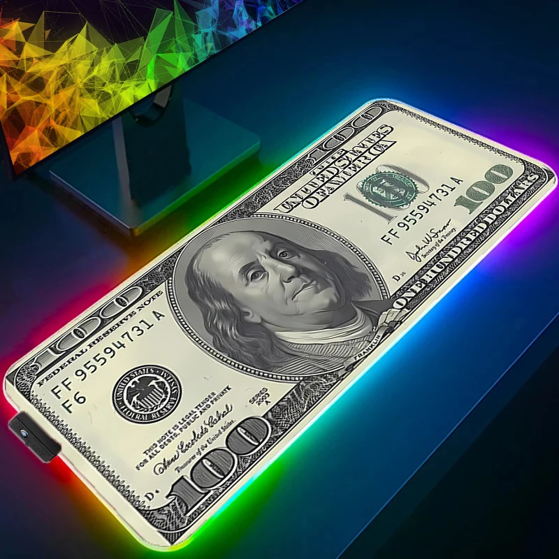 Black U.S. dollar LED Light Large Mouse Pad RGB Laptop Pc Gamer Keyboard Mat XXL Mousepad LED Edge White Tassel Rubber Table Mat