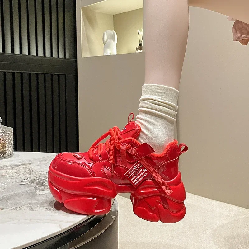 New Women Spring Autumn Chunky Sneakers 8CM Thick Bottom Leather Shoes High Platform Vulcanize Red Shoes Casual Sports Shoes