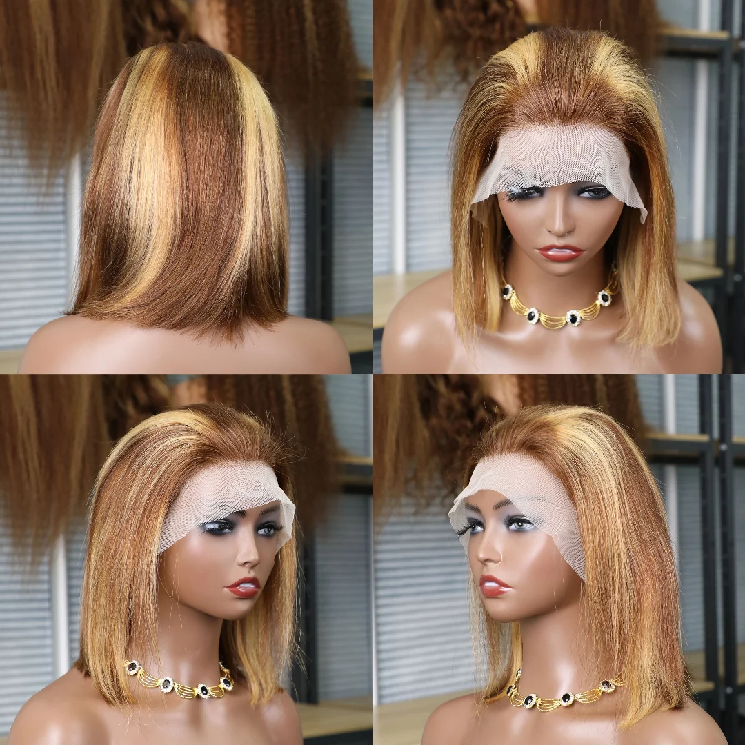 4/27 تسليط الضوء على شعر مستعار بوب الشعر البشري 13x4 الدانتيل شعر مستعار أمامي شعر مستقيم مع شعر الطفل 10 بوصة العسل شقراء بوب شعر مستعار للنساء السود