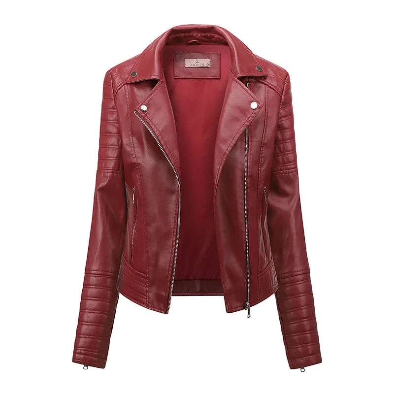 QNPQYX Leather Jacket Women Autumn Spring Women\'s Moto Biker Zipper Jacket Red Black Apricot Coffee Coat Ladies Outerwear Brown