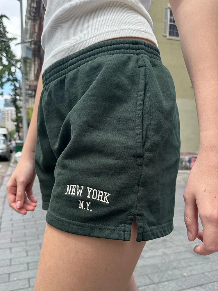 Letter Embroidery Sports Shorts Cotton Elastic High Waist Summer Straight Sweatpants Women Y2k Streetwear Vintage Casual Shorts