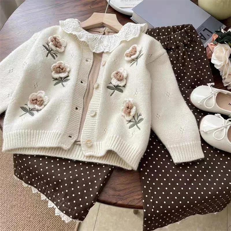 

Toddler Baby Girls Sweater Coat Infant Girl Knitting Cardigan Autumn Hand Hook Three-Dimensional Flower Sweater Knitted Cardigan