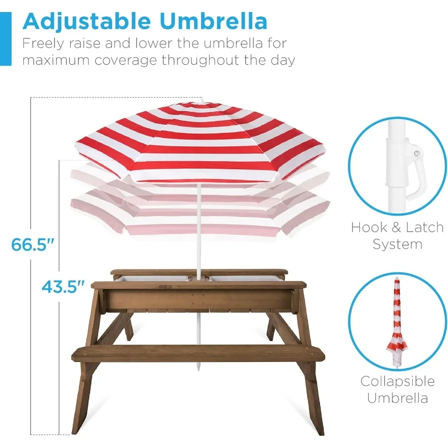 Mesa de arena y agua 3 en 1, mesa de Picnic Convertible de madera para exteriores con paraguas, 2 bandejas, tapa extraíble, capacidad de 220lb por banco