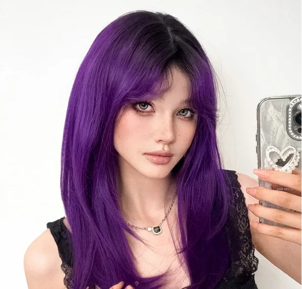 

Long Straight Black Purple Ombre Synthetic Wigs for Women Natural Hair Wig With Bangs Heat Resistant Wig Cosplay Party Daily Use