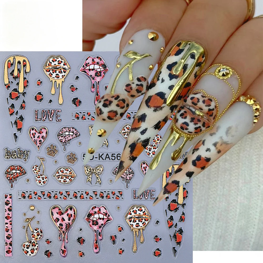 5D Día de San Valentín bronceado oro/plata leopardo labio pegatina de uñas Sexy leopardo arco/cereza calcomanía adhesivo leopardo punta deslizador de uñas