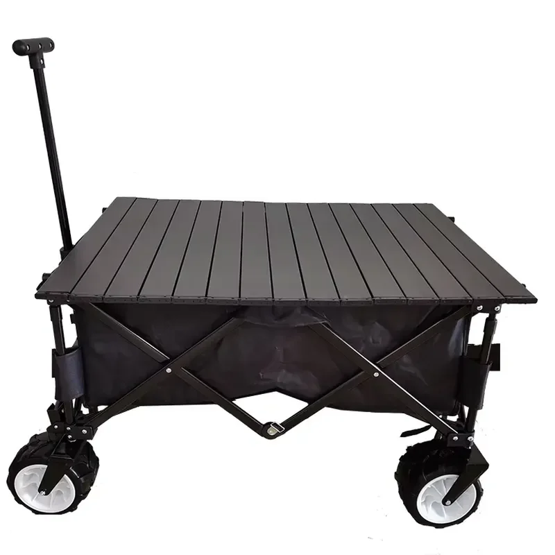 Mini Camping Shopping Trolley Foldable Four Wheel Steel and Polyester Wagon with Table Board GS Certified