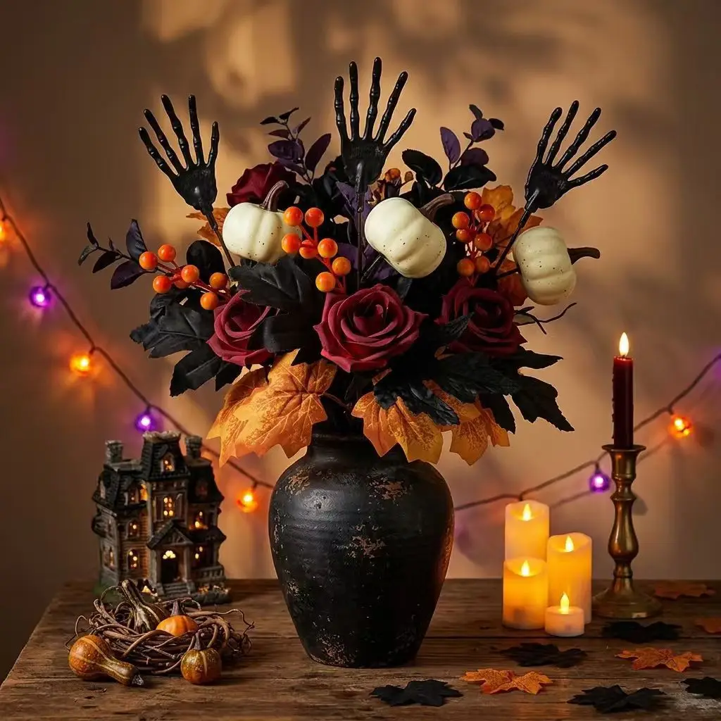 Yannew 8pcs Halloween Black Maple Leaves Rose Branches Stems with Pumpkin Skeleton Berry for Haunted House Gothic Floral Decor - view 2