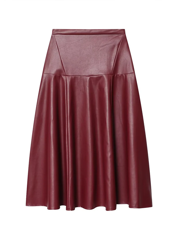 

European style new women's fashion versatile temperament solid color loose A-line imitation leather midi skirt