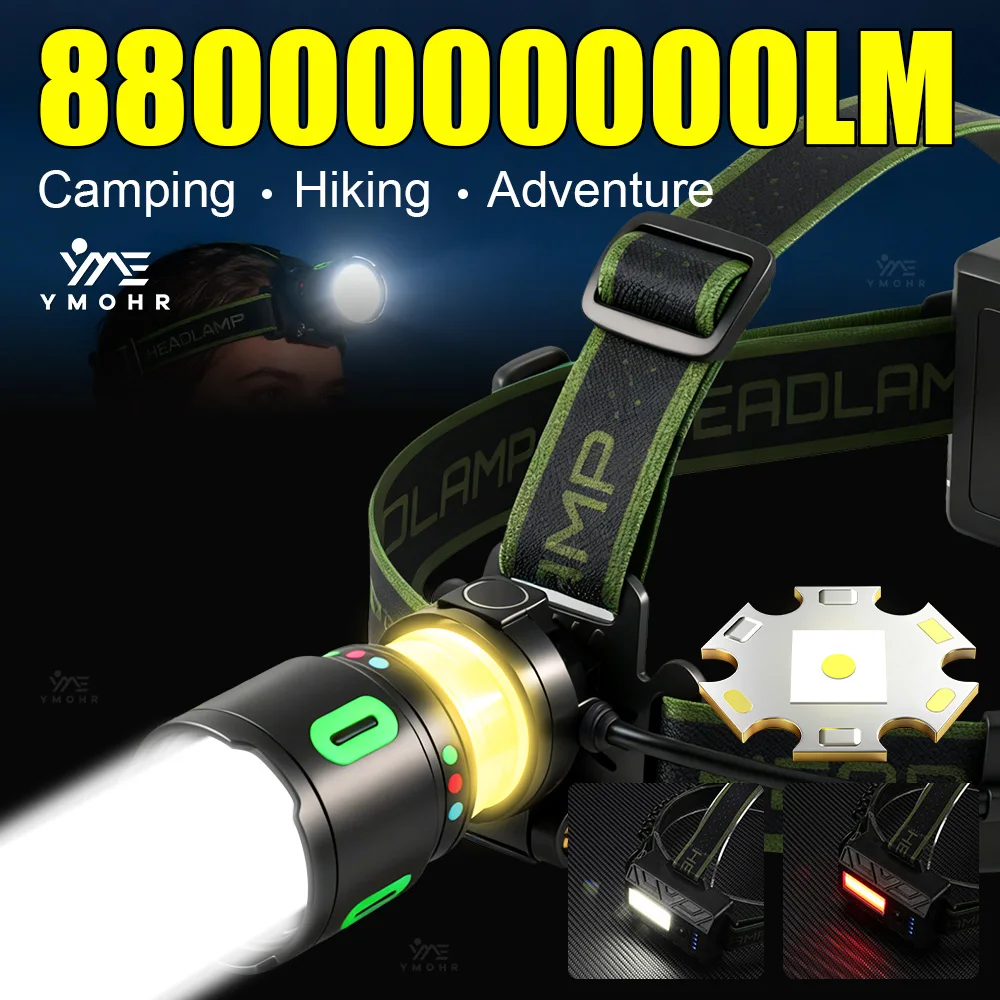 8800000000LM High Power LED Headlight USB Rechargeable Zoom Headlight Waterproof Outdoor Head Torch Camping Work Hunting Lantern