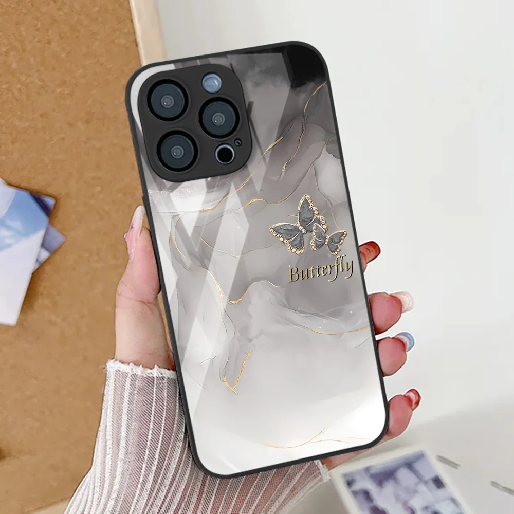 Coque de téléphone papillon à motif de marbre, étui en verre trempé pour iPhone 17 11 15 13 16 12 14 Pro Max 17 Air 16E SE 2022 7 8 Plus XR
