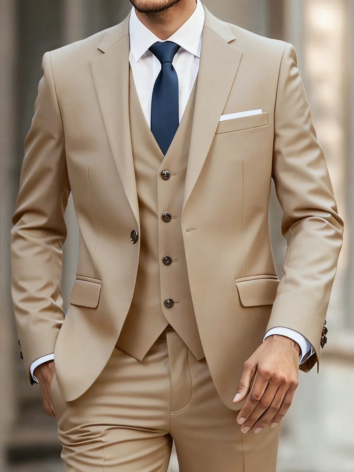

Men's Polished 3-Piece Suit Set Single Breasted Solid Slim Fit Blazer Vest Pants Elegant Wedding Party Office