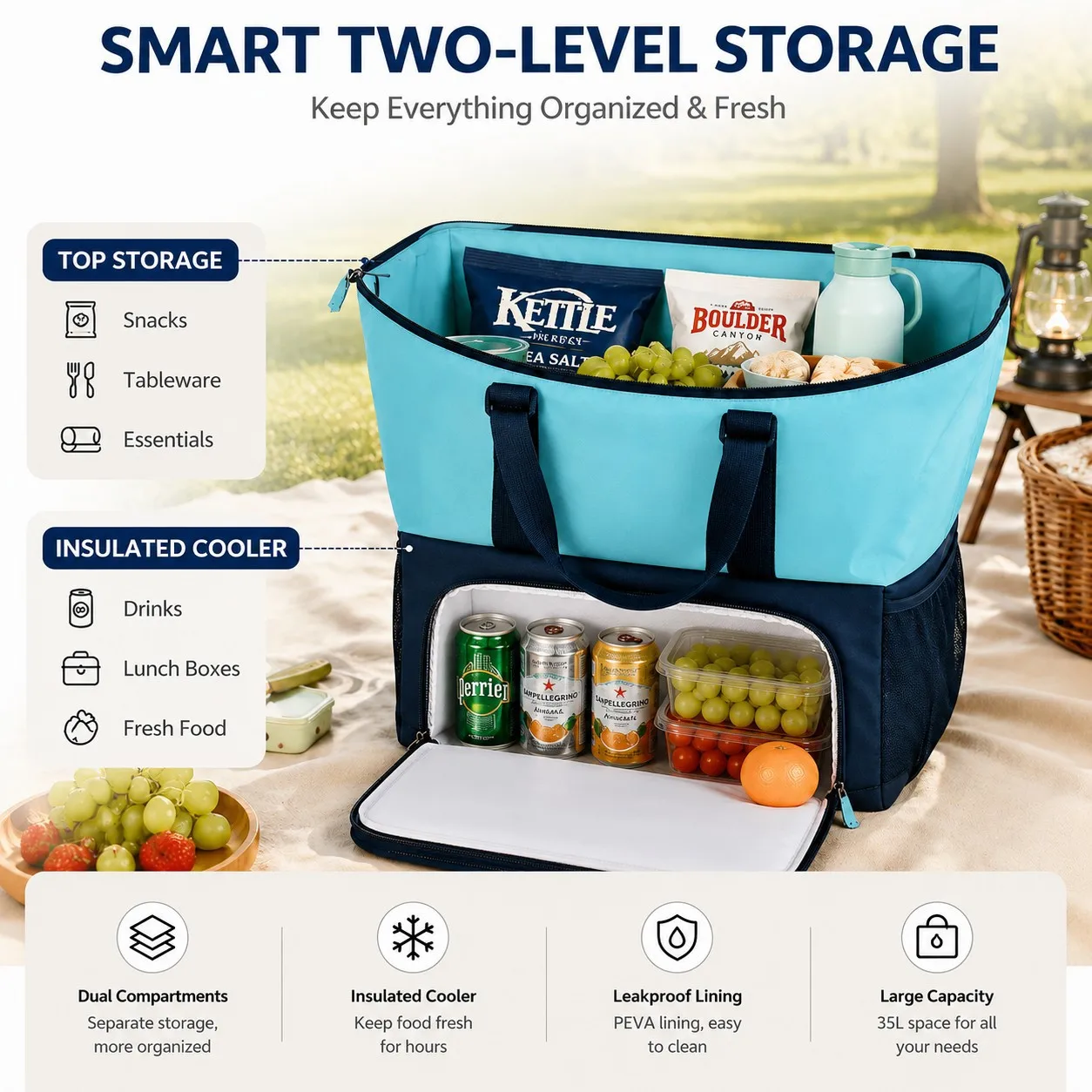 35L Double Layer Insulated Lunch Bag Portable Thermal Cooler for Picnic Camping Grocery Shopping Cold Food Carrier