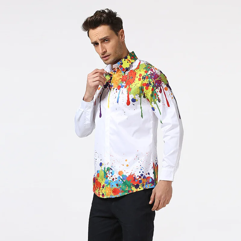 Herfst Nieuwe Heren Casual Veelzijdige Mode Street Heren Overhemd Revers Single-Breasted Shirt Heren Kleur Splash Shirt Met Lange Mouwen