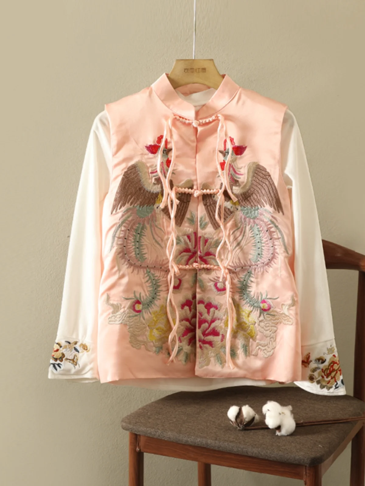 

Ele Embroidered Phoenix Heavy Industry Women's Jaet with Stand Collar And Tassel Single Button Closure Floral Pattern