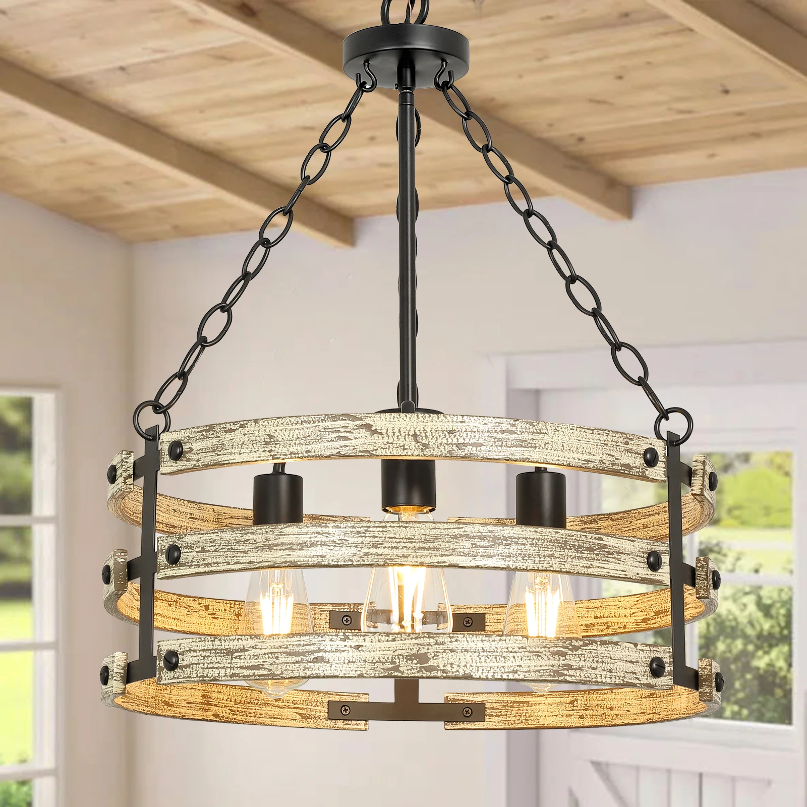 3-Light Farmhouse Chandelier Light Fixtures Kitchen Island Pendant Light Rustic Drum Hanging LED Lamp E26 Base