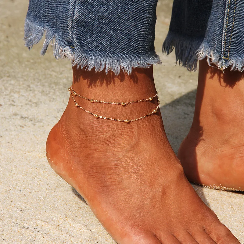 Trendy Double Layer Handmade Beads Anklet for Women Barefoot Sandals Bracelet Anklets Foot Gothic Boho Jewelry