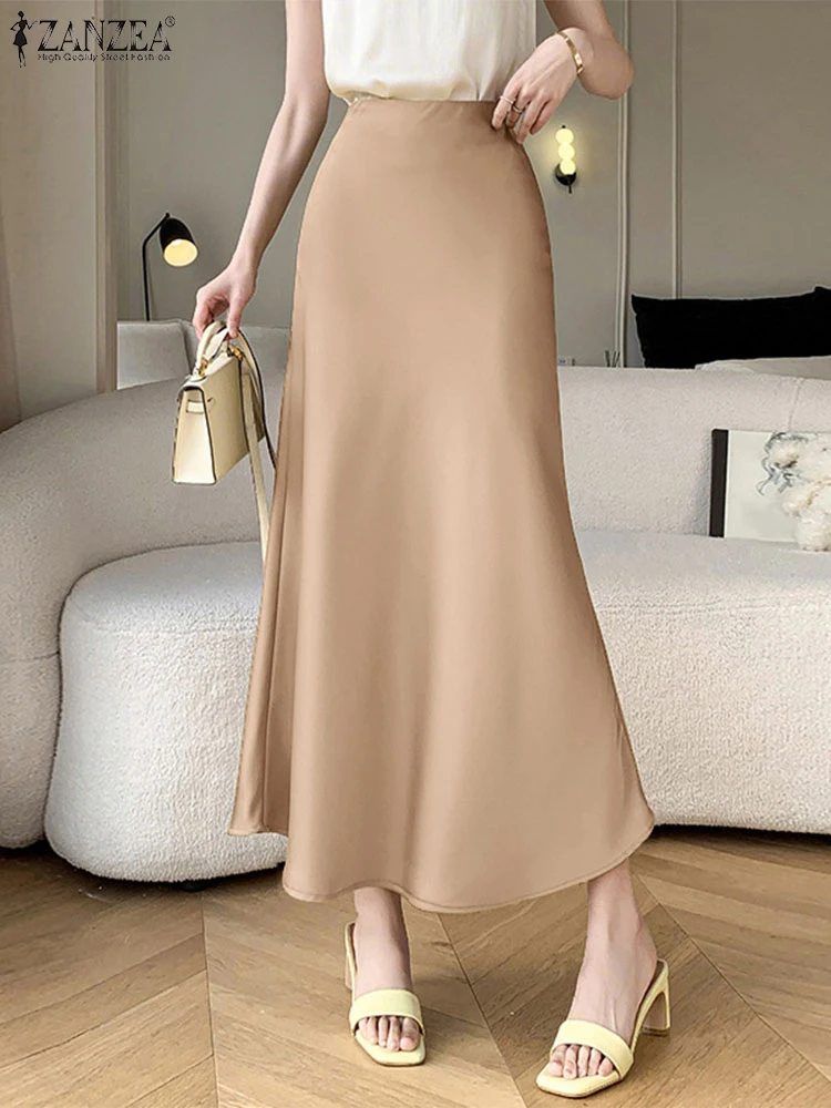 

ZANZEA Elegant Woman Mermaid Skirts Fashion High Waist Solid Color Satin Maxi Skirt 2025 Spring Office Commute Long Jupes Femme
