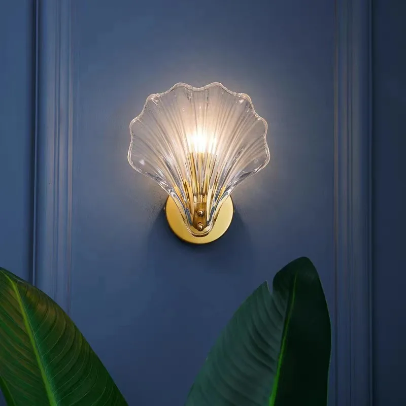 Luxury Minimalist Shell Glass Wall Sconce, Creative Bedside Lamp for Bedroom Headboard Living Room Accent Wall Lighting