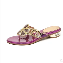 Women Luxry Small Heels 3cm Traveling Comfortable Slippers Crystal Flowers Slides Golden Low Price Choice Flip-Flops 35-41 Zoris