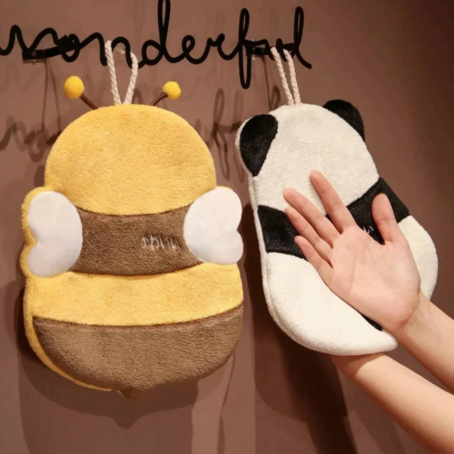 Coral Fleece Hand Towel Cartoon Bee Panda Plush Lanyard Multi-functional Absorbent Towels Wipe Handkerchief for Kitchen Bathroom