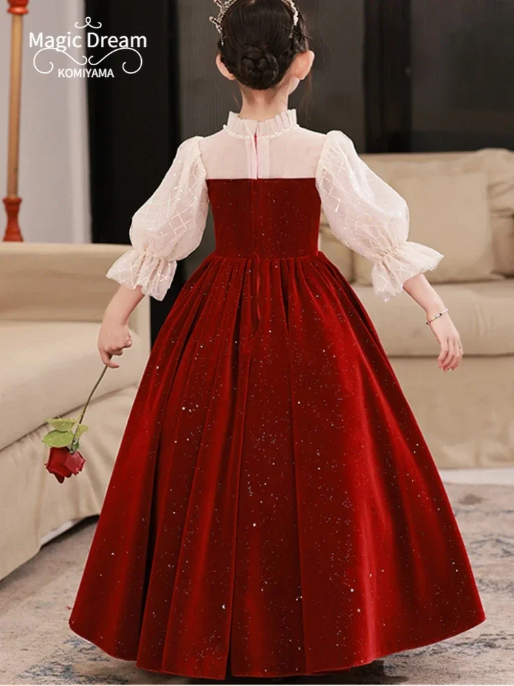 Customized Elegant Temperament Flower Girls Dress Spliced O-neck Full Sleeve Birthday Party Robe Slim Ball Gown Princess Sequin