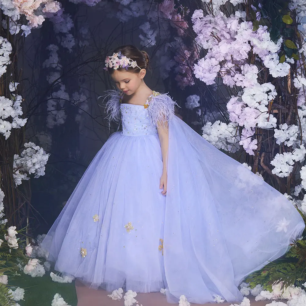 Vestido lila de flores para niña, prenda de lujo para boda, aplique con capa, pluma, fiesta de cumpleaños, comunión, 2024