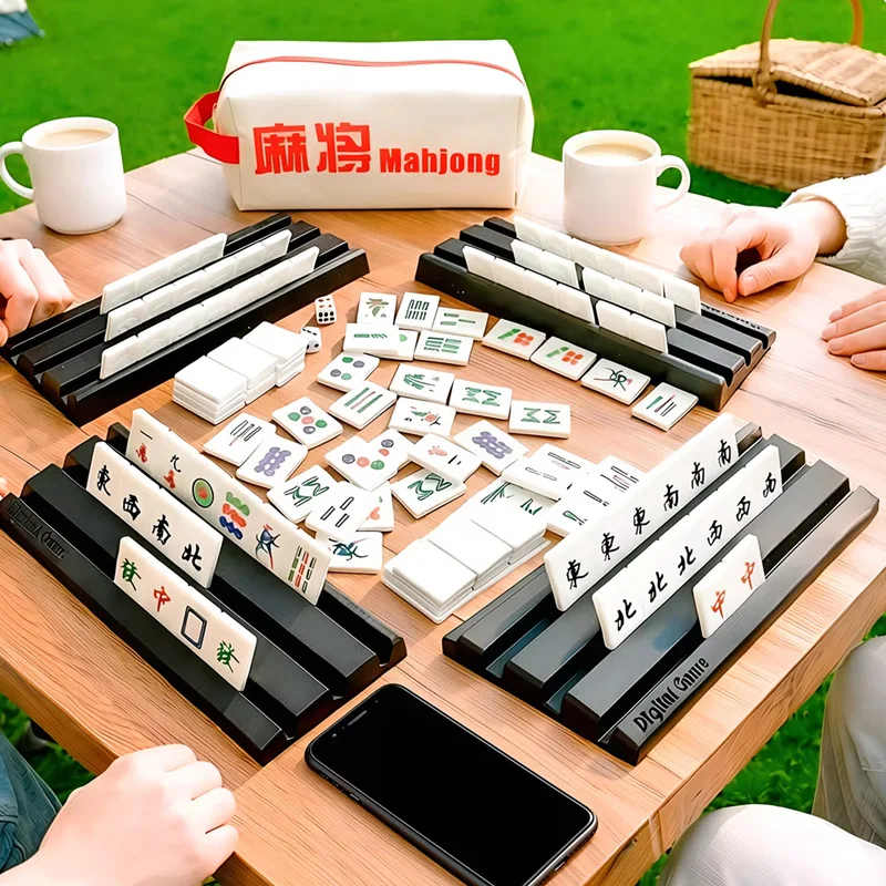 Juego de Rummy con Cubos Grandes de 3.8cm, 144 Fichas Numeradas de Mahjong con Bolsa Portátil, Dados y 4 Soportes, Juego de Viaje, Juego de Mesa Clásico Familiar
