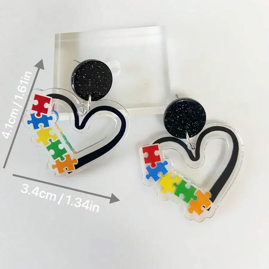 

Acrylic Heart Puzzle Earrings With Black Studs For Adults